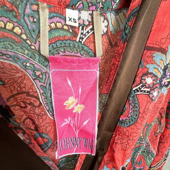 JOHNNY WAS Red Brown Paisley Tunic Top Womens XS Front Small Pockets Bohemian - Picture 3 of 9